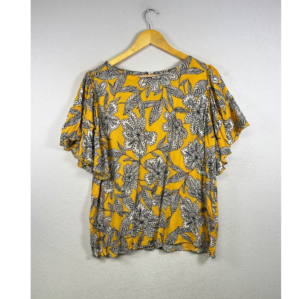 LOFT Floral Flutter Sleeve Blouse Womens Medium Yellow Black White Rayon Boho